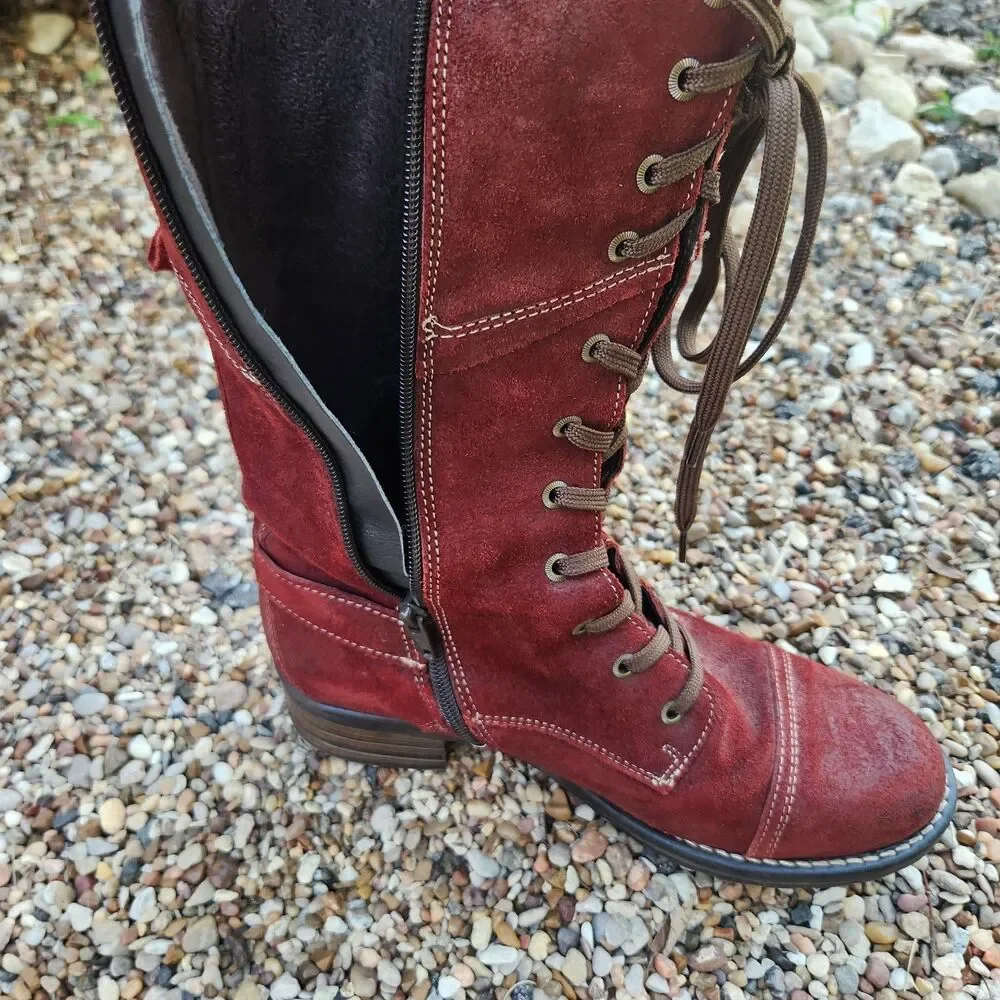 TAOS Tall Crave Red Suede Lace Up Side Zip Boots Women's  US 8 - 8.5 / EU 39 Tag